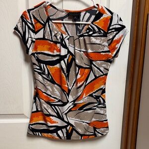 Worthington Abstract Leaf Print Tee - Orange, Black, White
